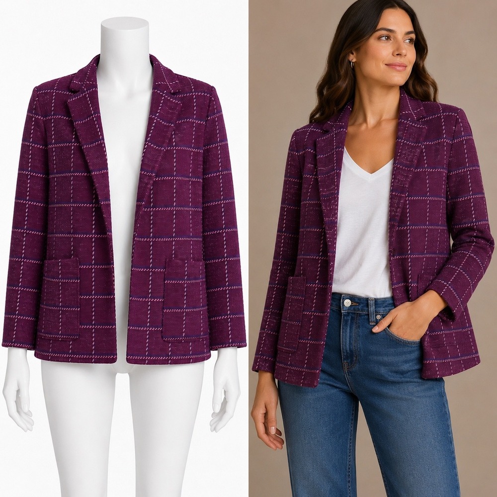 J.Crew Sophie Open Front Sweater Blazer Medium Plaid Merino Wool Berry AR940